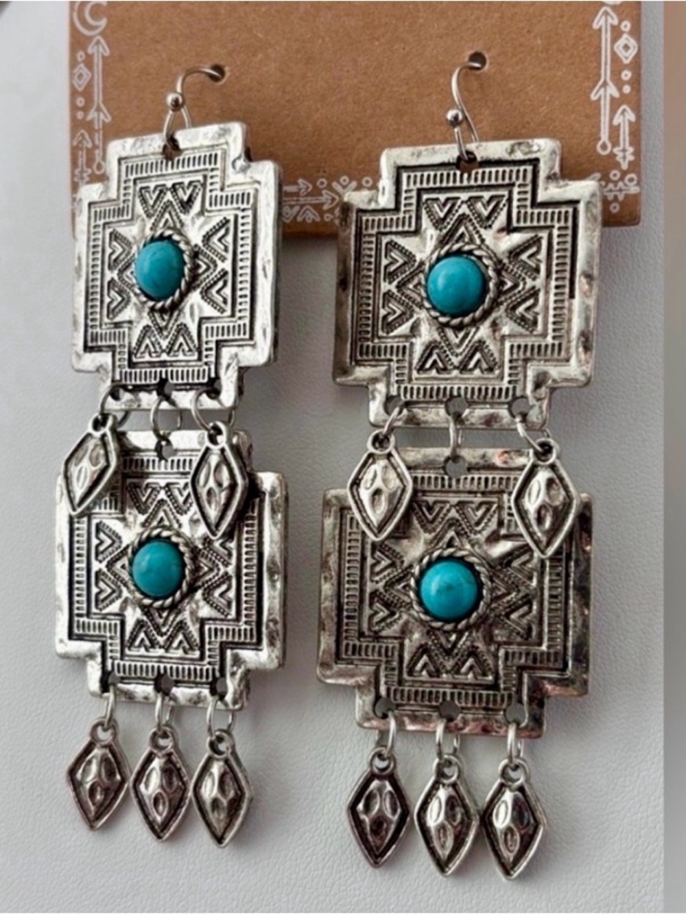 Austin West Double Crosses,stamped silvertone,faux turquoise,drop,Western